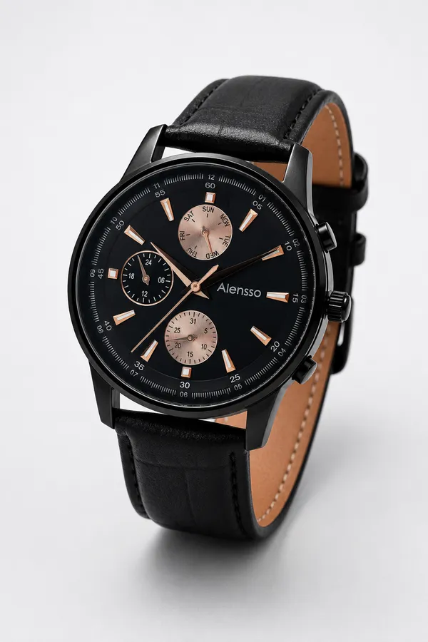 Alensso DQ7 A159 Men’s Analog Watch – Black Dial & Black Leather Strap