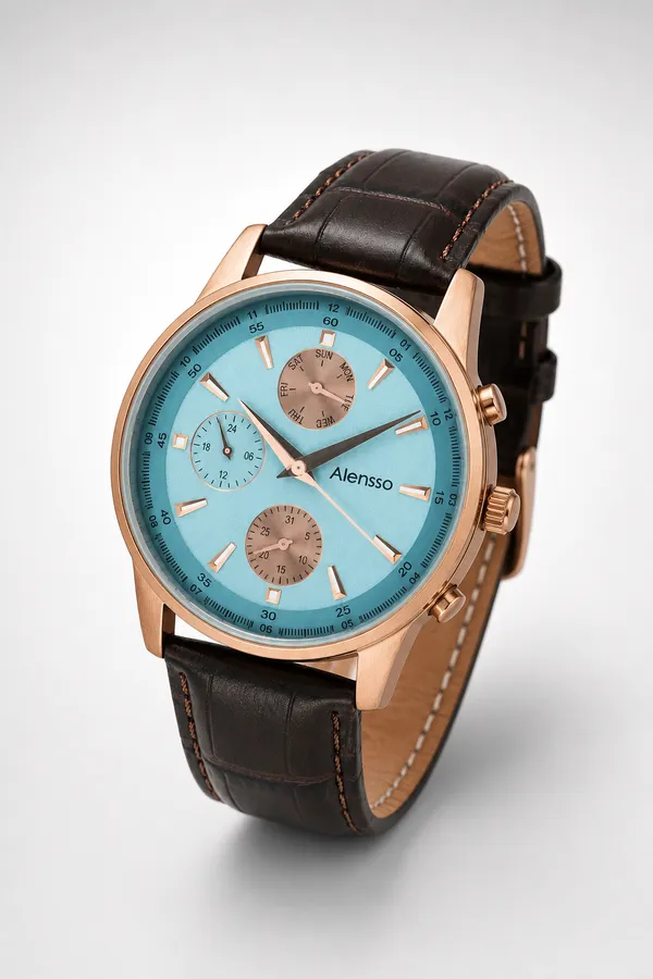 Alensso DQ7 A162 Men’s Quartz Watch  Light Blue Dial & Coffee Brown Leather Strap