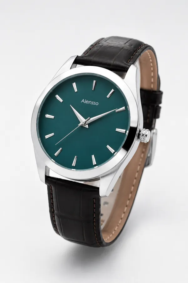Alensso Sahib Series A166 Men’s Analog Watch – Emerald Green Dial & Black Leather Strap