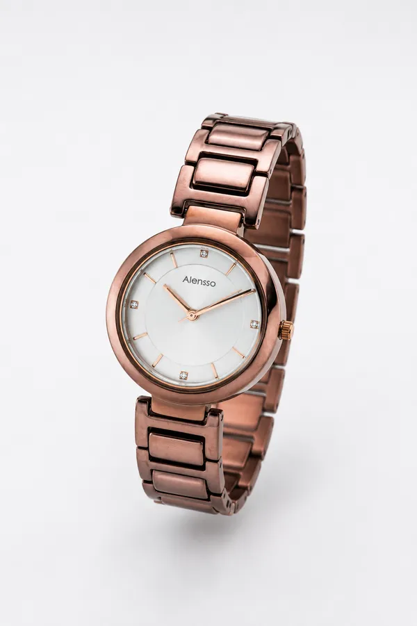 Alensso Signora A135 Women’s Quartz Watch White Dial & Coffee Metal Chain Strap