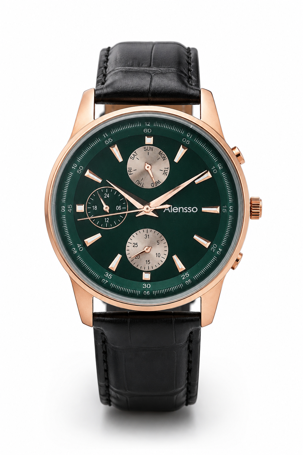 Alensso DQ7 A164 Green Dial Analog Watch for Men with Black Leather Strap