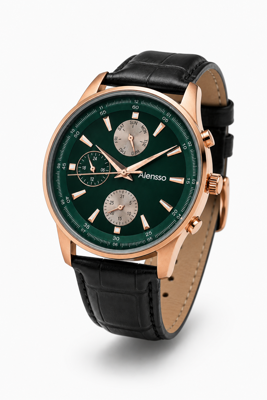 Alensso DQ7 A164 Green Dial Analog Watch for Men with Black Leather Strap